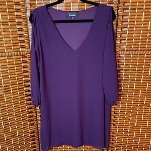 Purple Mini Dress, sheer long sleeves with cut out down the sleeve.